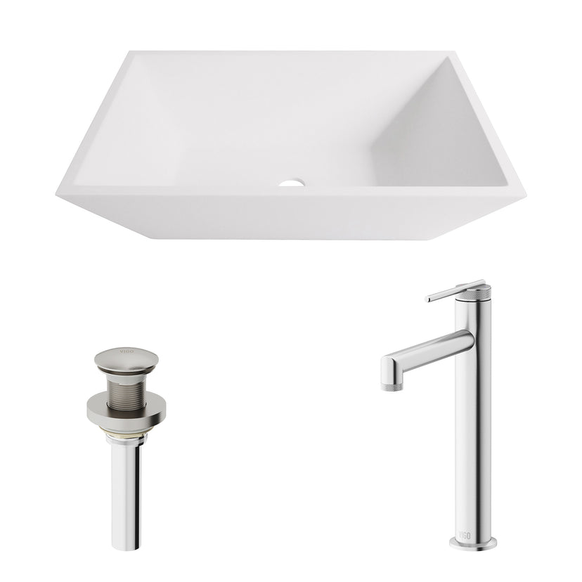 Matte Stone Vinca Composite Rectangular Vessel Bathroom Sink in White with Faucet and Pop-Up Drain in Brushed Nickel
