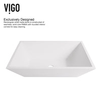 Matte Stone Vinca Composite Rectangular Vessel Bathroom Sink in White with Faucet and Pop-Up Drain in Brushed Nickel