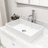 Matte Stone Magnolia Composite Rectangular Vessel Bathroom Sink in White with Faucet and Pop-Up Drain in Brushed Nickel