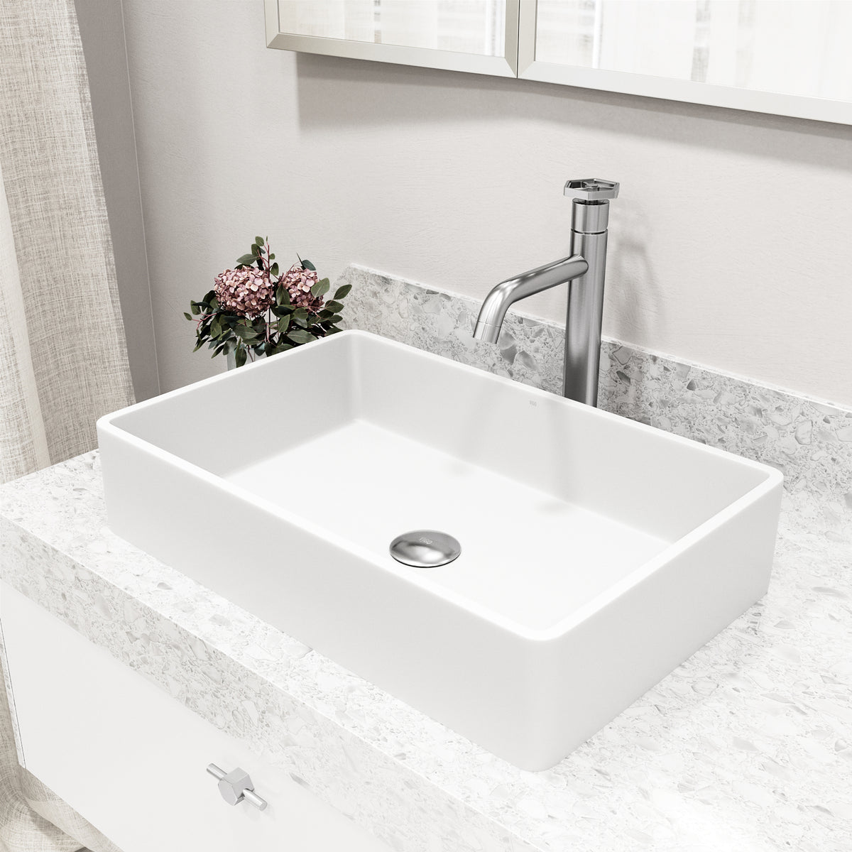 Matte Stone Magnolia Composite Rectangular Vessel Bathroom Sink in White with Faucet and Pop-Up Drain in Brushed Nickel