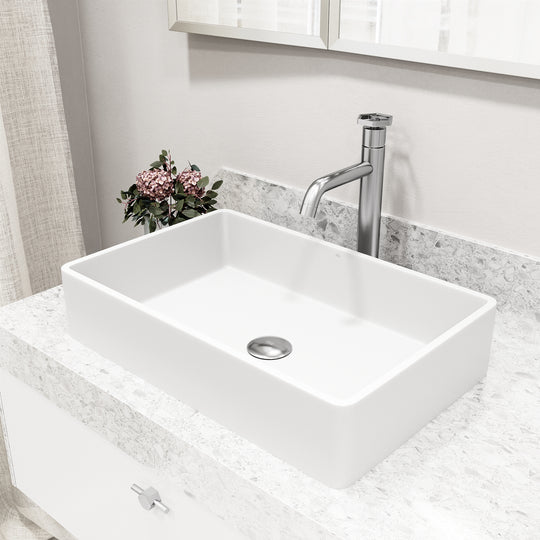 Matte Stone Magnolia Composite Rectangular Vessel Bathroom Sink in White with Faucet and Pop-Up Drain in Brushed Nickel