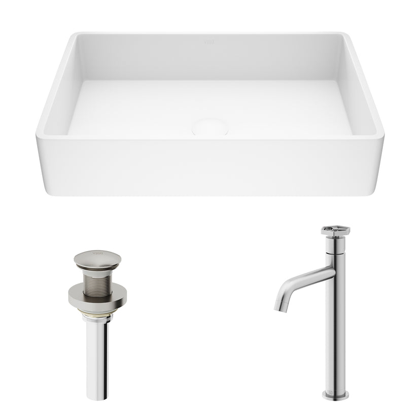 Matte Stone Magnolia Composite Rectangular Vessel Bathroom Sink in White with Faucet and Pop-Up Drain in Brushed Nickel