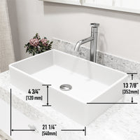 Matte Stone Magnolia Composite Rectangular Vessel Bathroom Sink in White with Faucet and Pop-Up Drain in Brushed Nickel