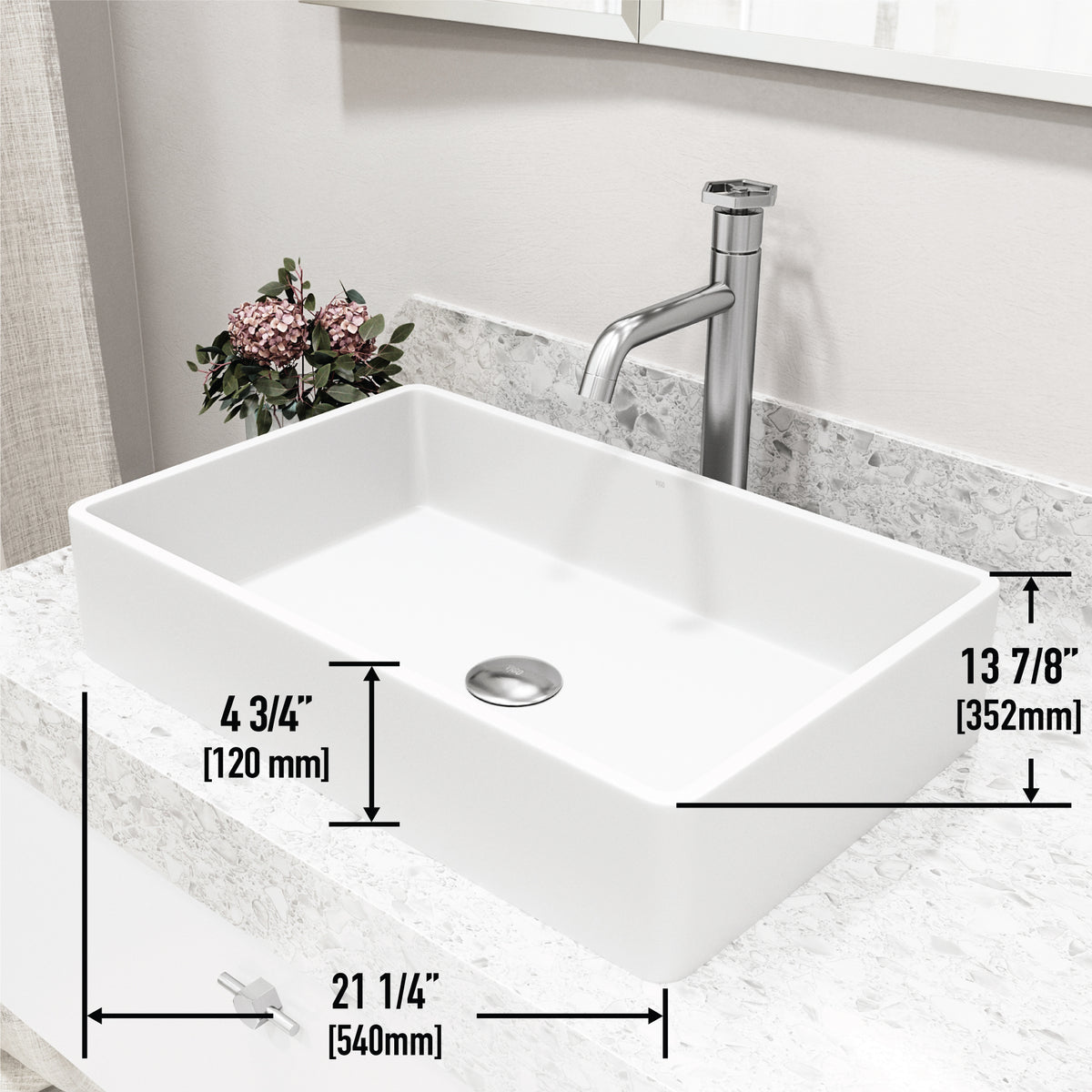 Matte Stone Magnolia Composite Rectangular Vessel Bathroom Sink in White with Faucet and Pop-Up Drain in Brushed Nickel