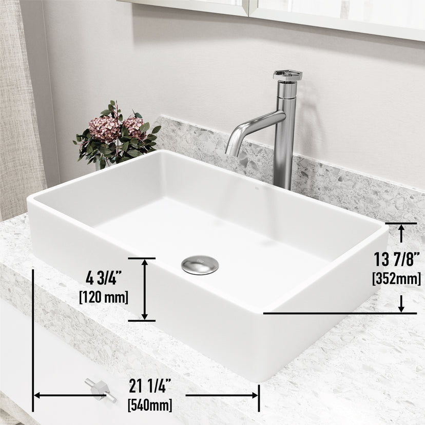 Matte Stone Magnolia Composite Rectangular Vessel Bathroom Sink in White with Faucet and Pop-Up Drain in Brushed Nickel