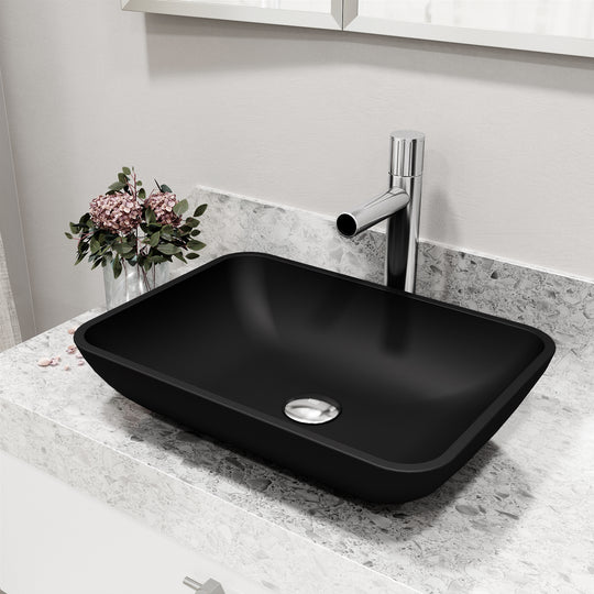 Matte Shell Sottile Glass Rectangular Vessel Bathroom Sink in Black with Ashford Faucet and Pop-Up Drain in Chrome