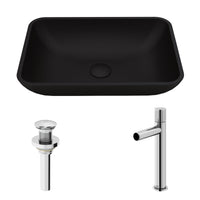 Matte Shell Sottile Glass Rectangular Vessel Bathroom Sink in Black with Ashford Faucet and Pop-Up Drain in Chrome
