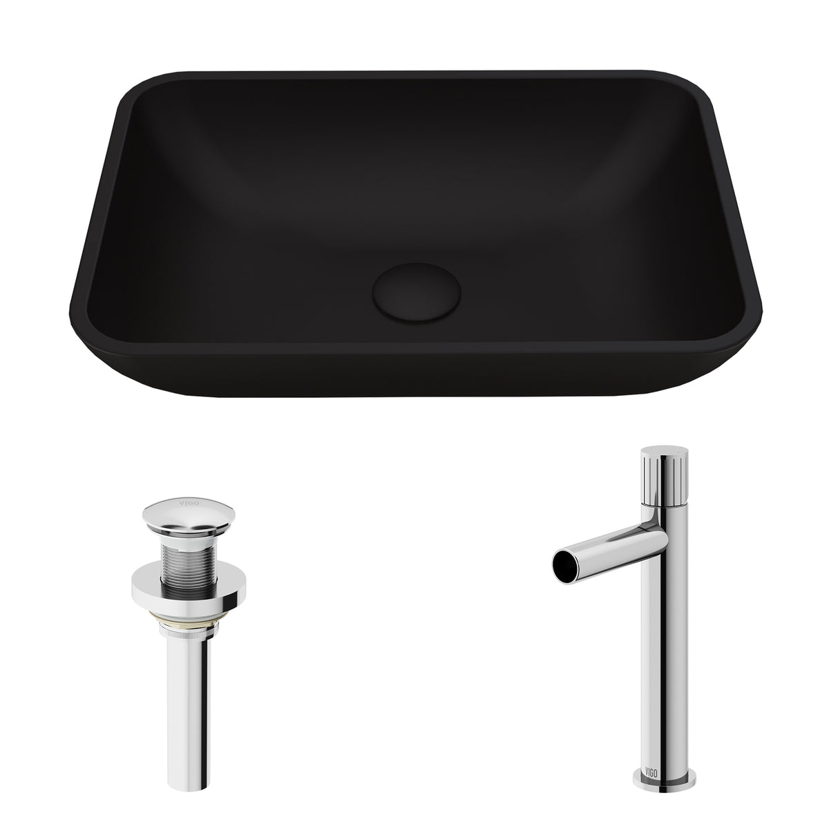 Matte Shell Sottile Glass Rectangular Vessel Bathroom Sink in Black with Ashford Faucet and Pop-Up Drain in Chrome