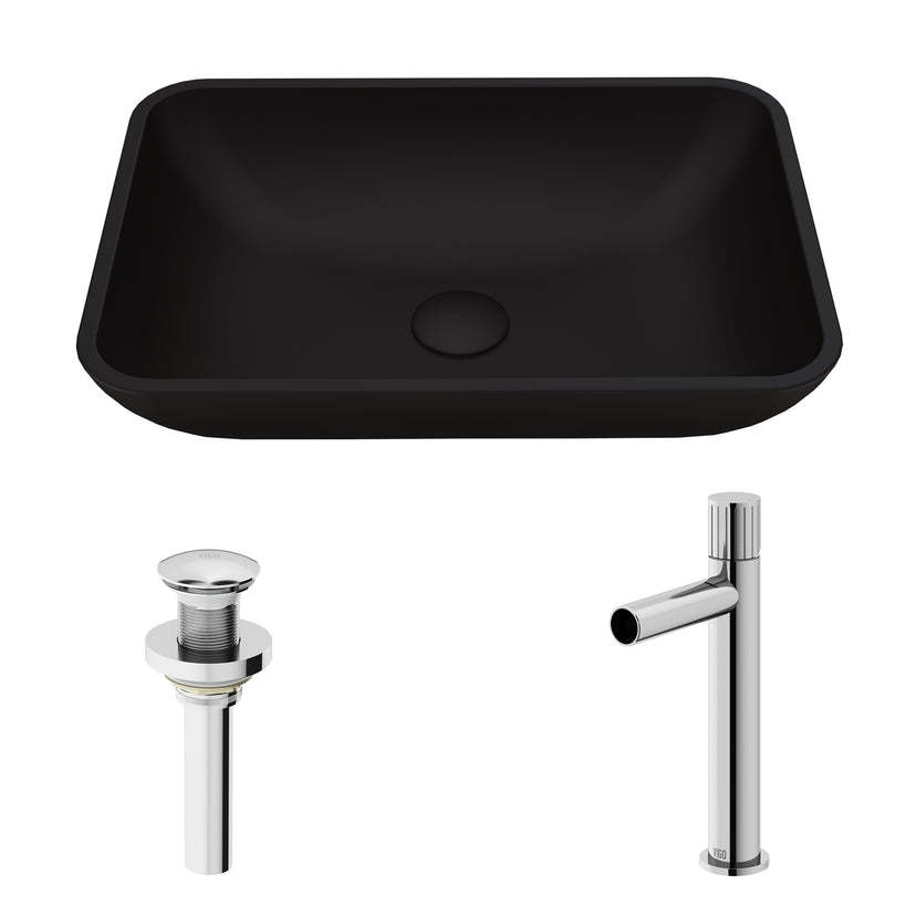 Matte Shell Sottile Glass Rectangular Vessel Bathroom Sink in Black with Ashford Faucet and Pop-Up Drain in Chrome