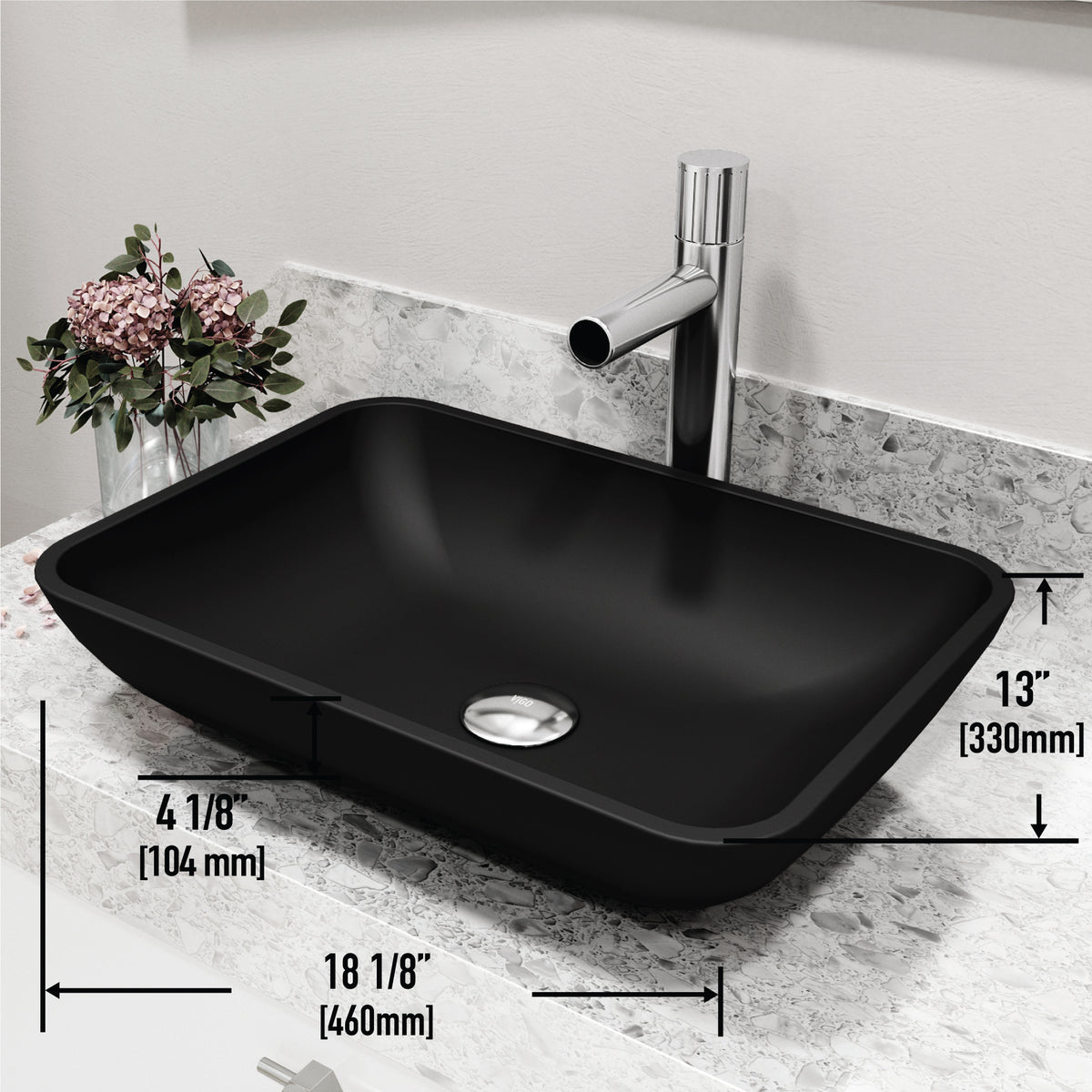 Matte Shell Sottile Glass Rectangular Vessel Bathroom Sink in Black with Ashford Faucet and Pop-Up Drain in Chrome