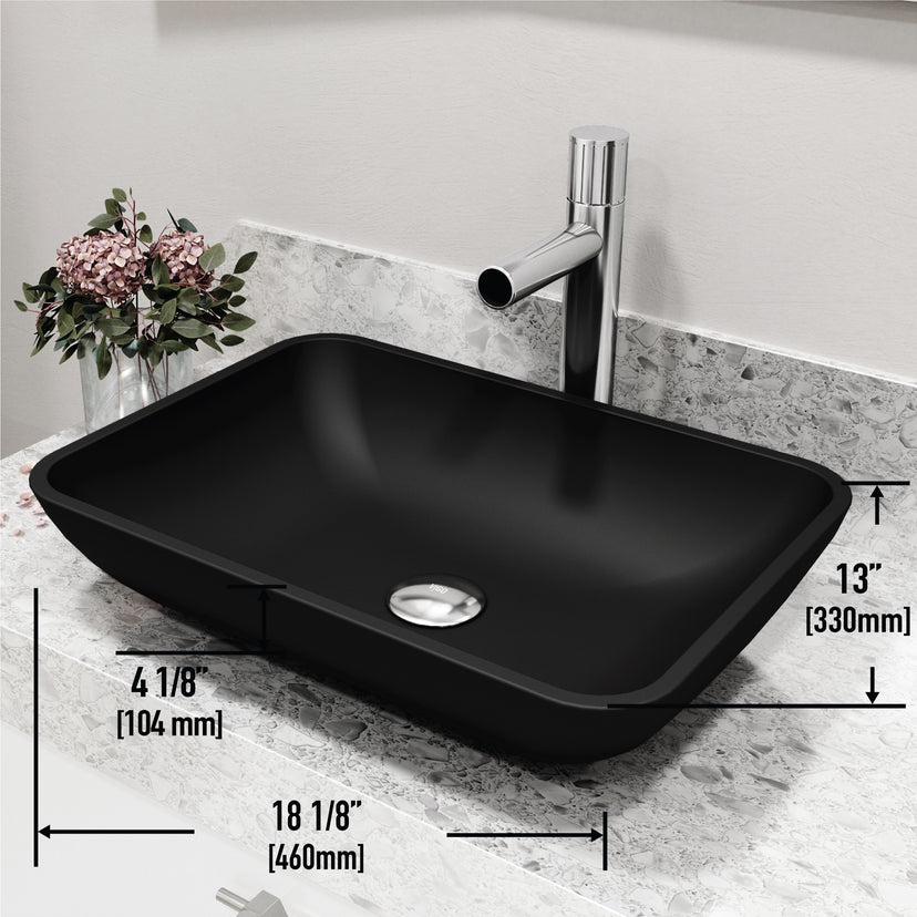 Matte Shell Sottile Glass Rectangular Vessel Bathroom Sink in Black with Ashford Faucet and Pop-Up Drain in Chrome