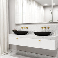 Matte Shell Sottile Glass Rectangular Vessel Bathroom Sink in Black with Wall-Mount Faucet and Drain in Matte Gold