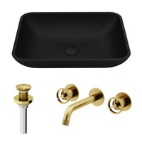 Matte Shell Sottile Glass Rectangular Vessel Bathroom Sink in Black with Wall-Mount Faucet and Drain in Matte Gold