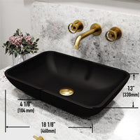 Matte Shell Sottile Glass Rectangular Vessel Bathroom Sink in Black with Wall-Mount Faucet and Drain in Matte Gold