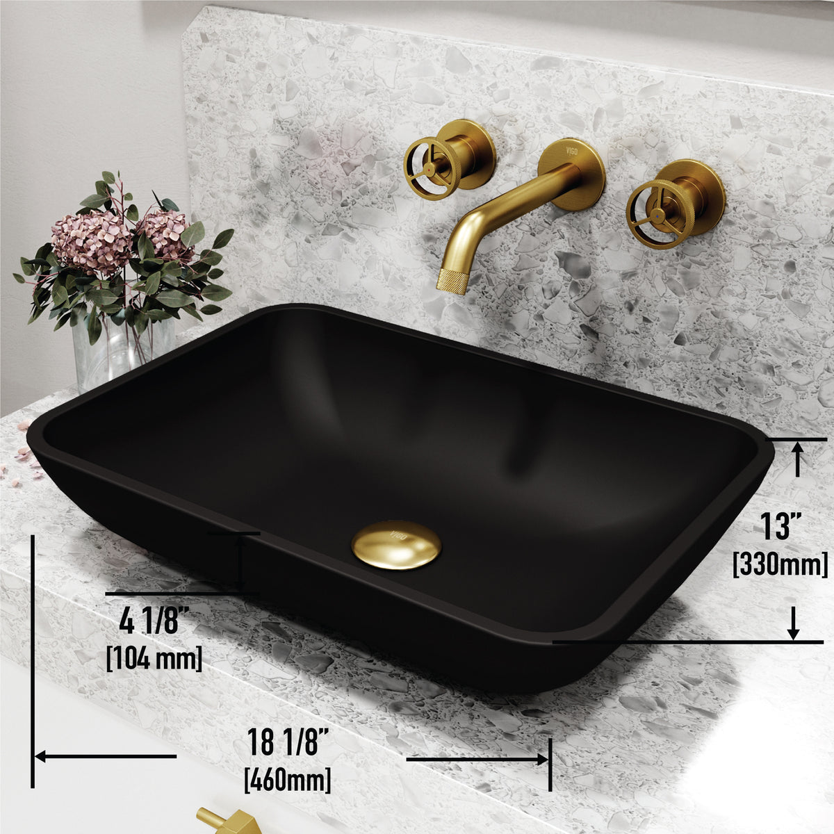 Matte Shell Sottile Glass Rectangular Vessel Bathroom Sink in Black with Wall-Mount Faucet and Drain in Matte Gold