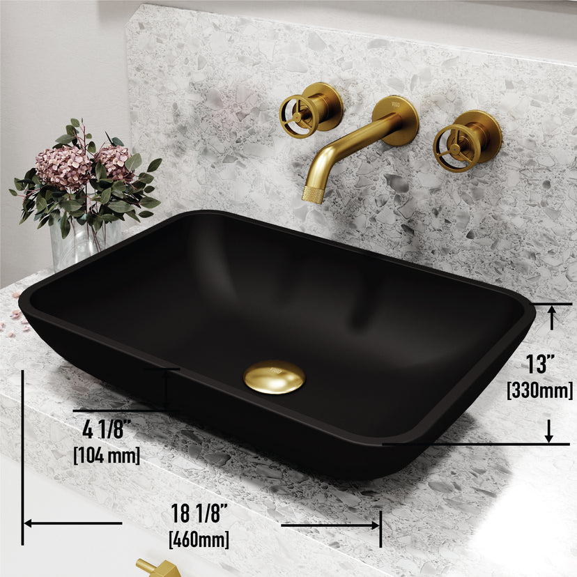Matte Shell Sottile Glass Rectangular Vessel Bathroom Sink in Black with Wall-Mount Faucet and Drain in Matte Gold