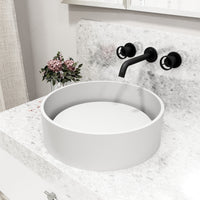 Matte Stone Anvil Composite Round Vessel Bathroom Sink in White with Wall-Mount Faucet and Pop-Up Drain in Matte Black