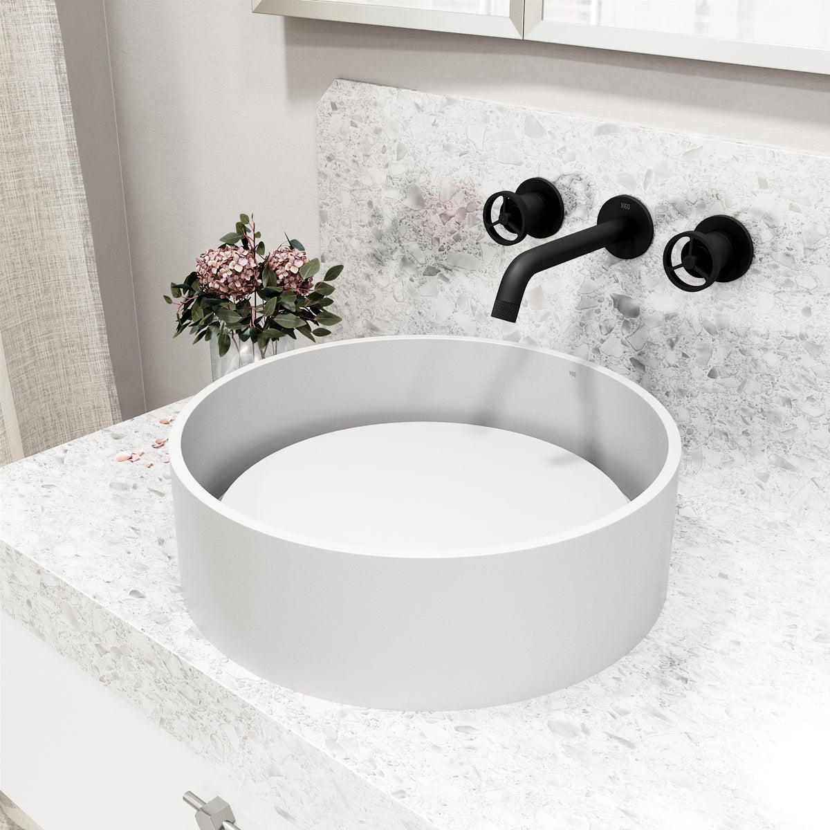 Matte Stone Anvil Composite Round Vessel Bathroom Sink in White with Wall-Mount Faucet and Pop-Up Drain in Matte Black
