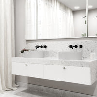 Matte Stone Anvil Composite Round Vessel Bathroom Sink in White with Wall-Mount Faucet and Pop-Up Drain in Matte Black