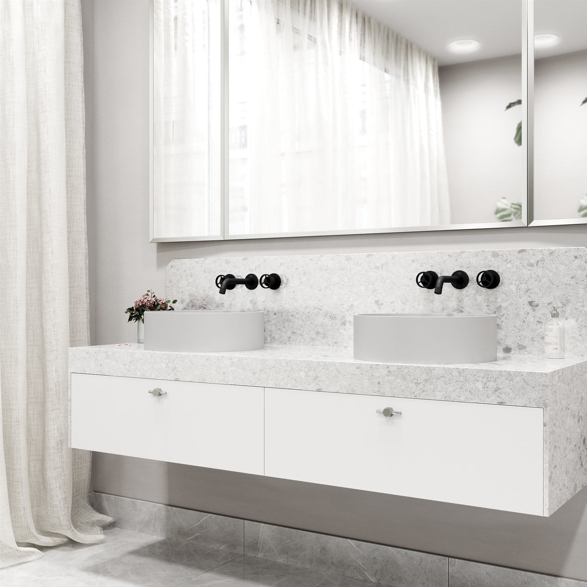Matte Stone Anvil Composite Round Vessel Bathroom Sink in White with Wall-Mount Faucet and Pop-Up Drain in Matte Black
