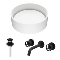 Matte Stone Anvil Composite Round Vessel Bathroom Sink in White with Wall-Mount Faucet and Pop-Up Drain in Matte Black