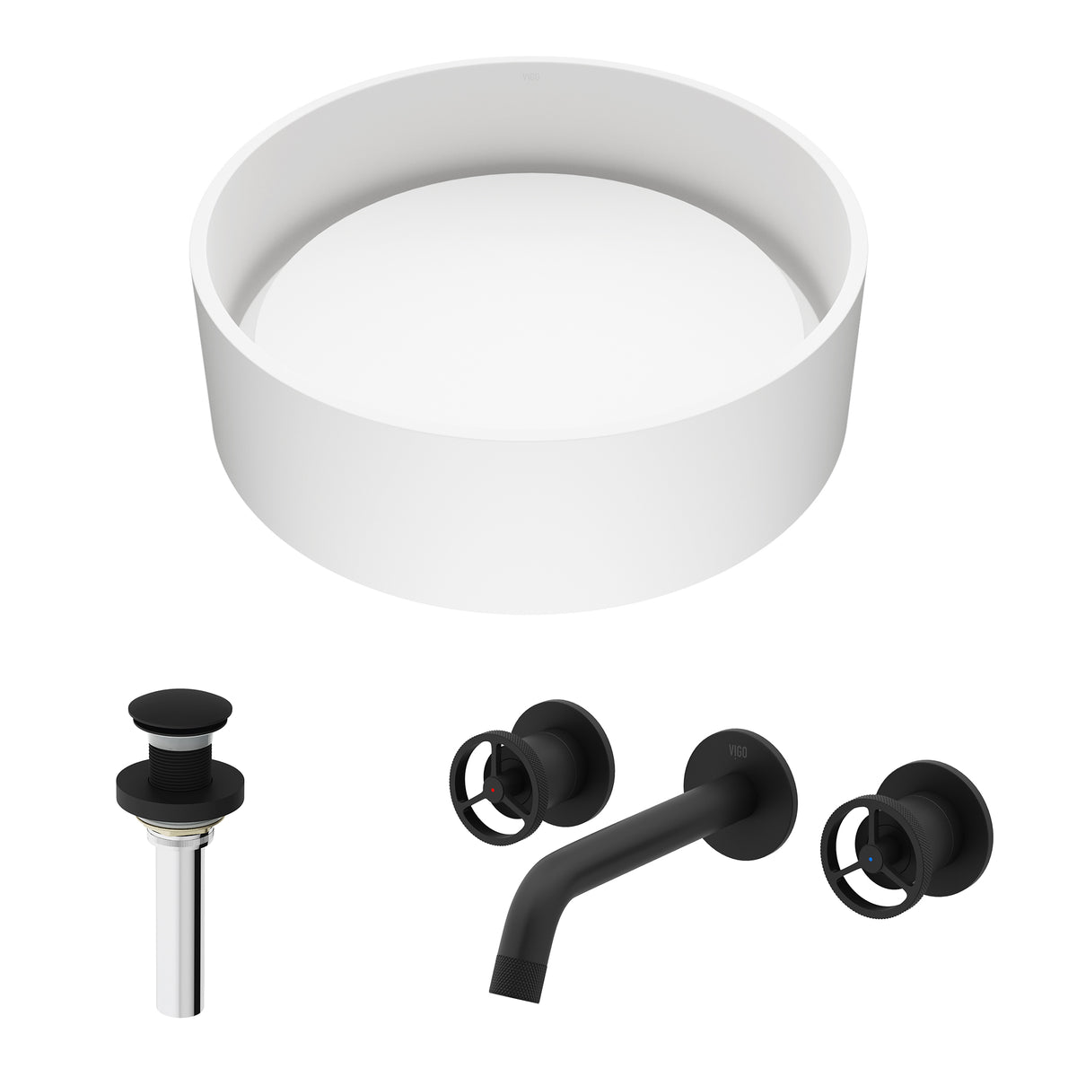 Matte Stone Anvil Composite Round Vessel Bathroom Sink in White with Wall-Mount Faucet and Pop-Up Drain in Matte Black