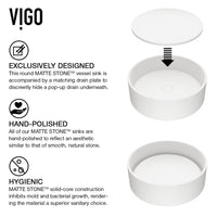Matte Stone Anvil Composite Round Vessel Bathroom Sink in White with Wall-Mount Faucet and Pop-Up Drain in Matte Black