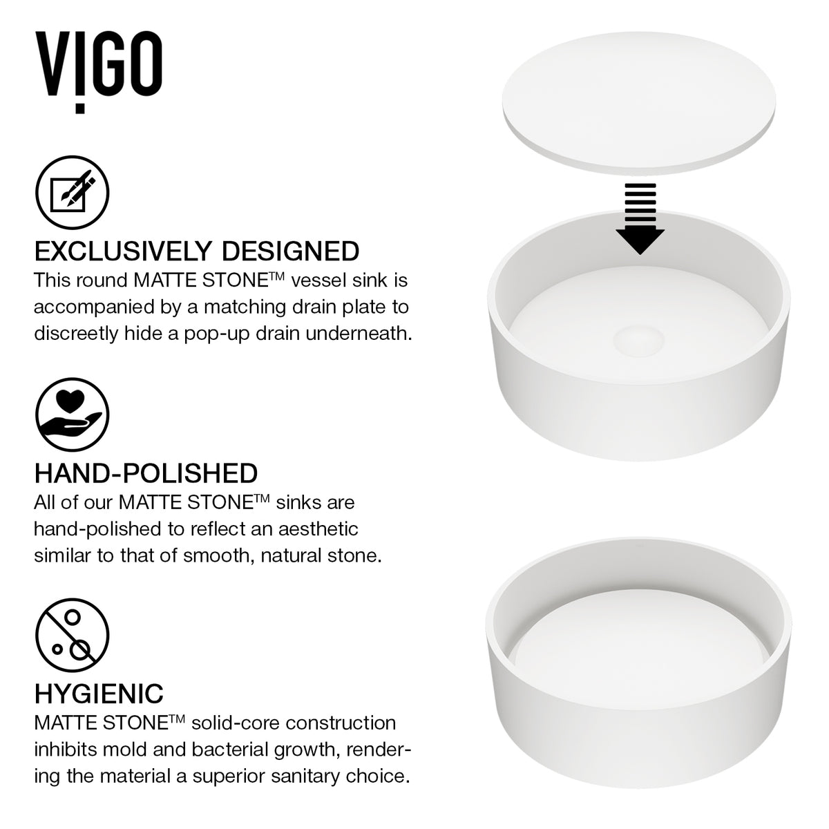Matte Stone Anvil Composite Round Vessel Bathroom Sink in White with Wall-Mount Faucet and Pop-Up Drain in Matte Black