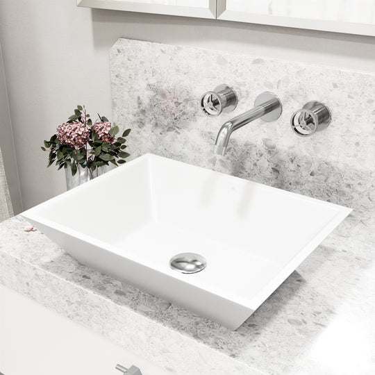 Matte Stone Vinca Composite Rectangular Vessel Bathroom Sink in White with Wall-Mount Faucet and Pop-Up Drain in Chrome