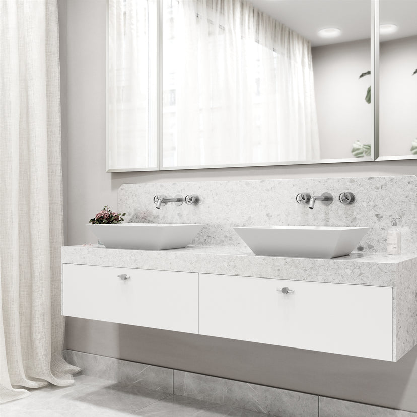 Matte Stone Vinca Composite Rectangular Vessel Bathroom Sink in White with Wall-Mount Faucet and Pop-Up Drain in Chrome