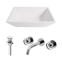 Matte Stone Vinca Composite Rectangular Vessel Bathroom Sink in White with Wall-Mount Faucet and Pop-Up Drain in Chrome