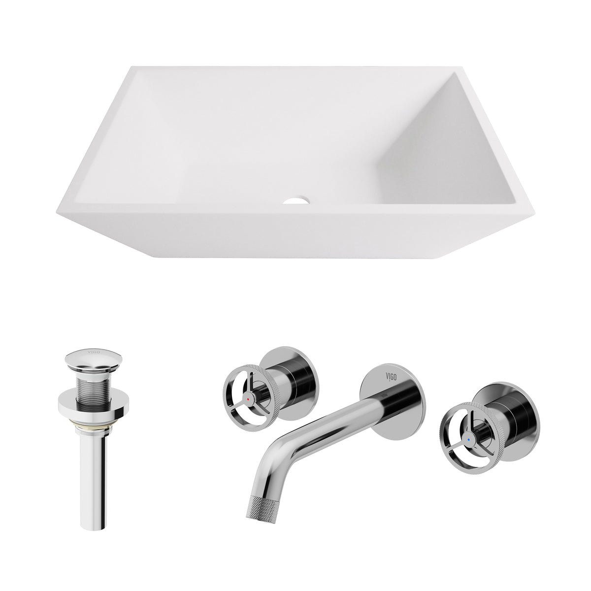 Matte Stone Vinca Composite Rectangular Vessel Bathroom Sink in White with Wall-Mount Faucet and Pop-Up Drain in Chrome