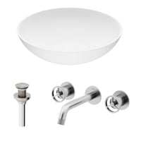 Matte Stone Lotus Composite Round Vessel Bathroom Sink in White with Wall-Mount Faucet and Drain in Brushed Nickel