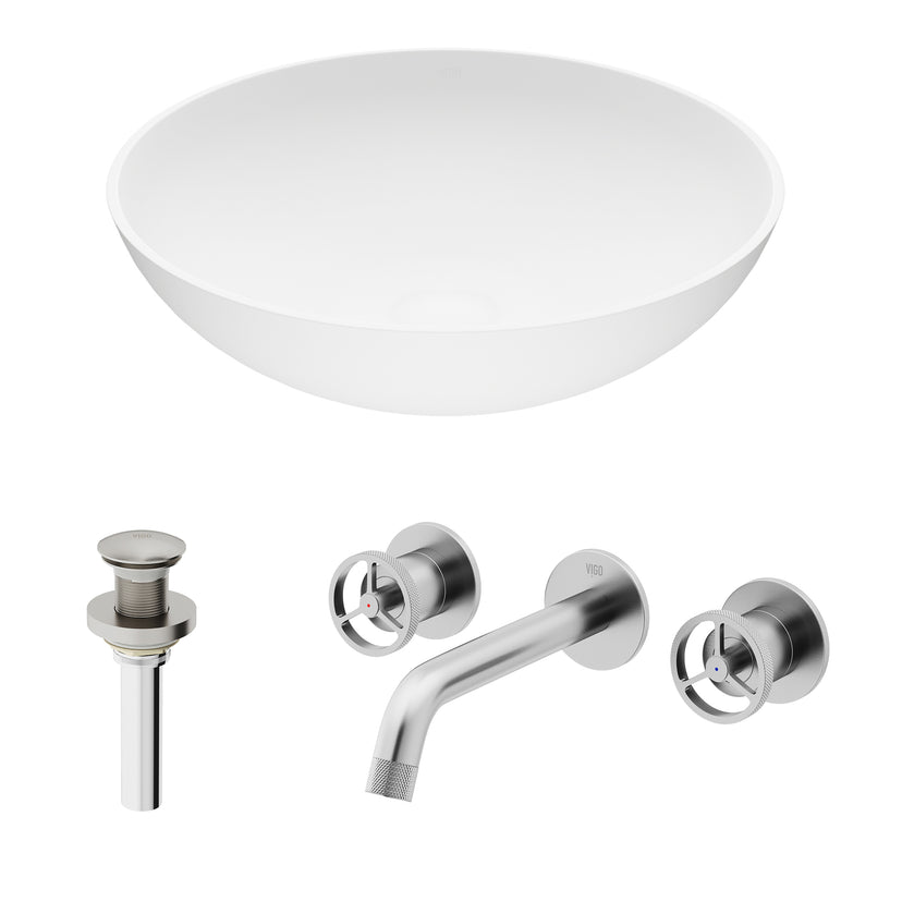 Matte Stone Lotus Composite Round Vessel Bathroom Sink in White with Wall-Mount Faucet and Drain in Brushed Nickel