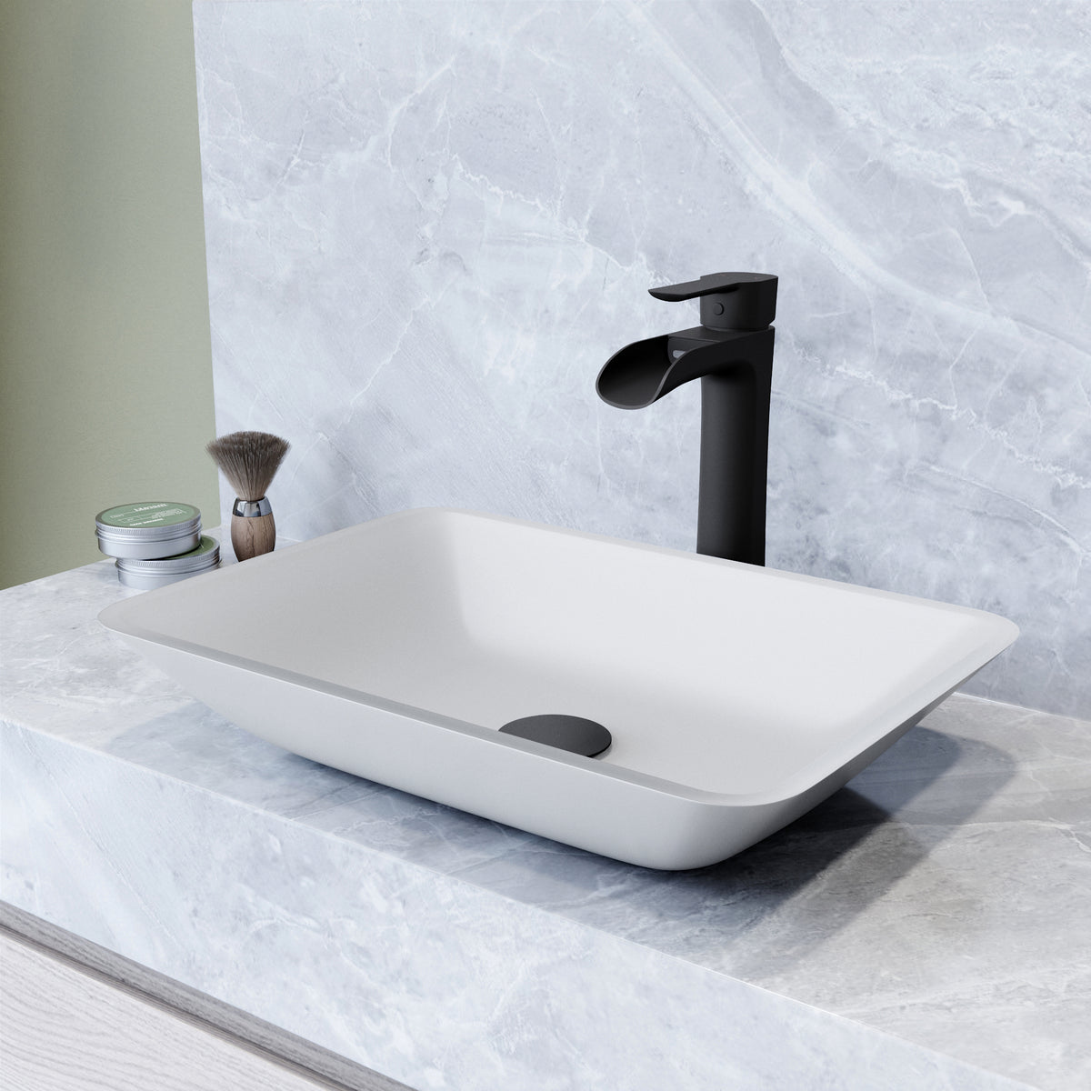 Matte Shell Sottlie Glass Rectangular Vessel Bathroom Sink in White with Niko Faucet and Pop-up Drain in Matte Black