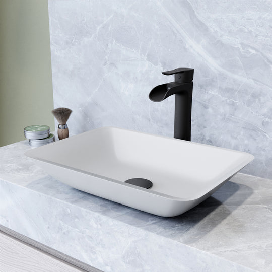 Matte Shell Sottlie Glass Rectangular Vessel Bathroom Sink in White with Niko Faucet and Pop-up Drain in Matte Black
