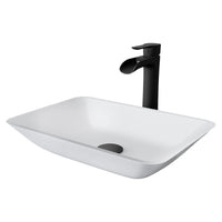Matte Shell Sottlie Glass Rectangular Vessel Bathroom Sink in White with Niko Faucet and Pop-up Drain in Matte Black