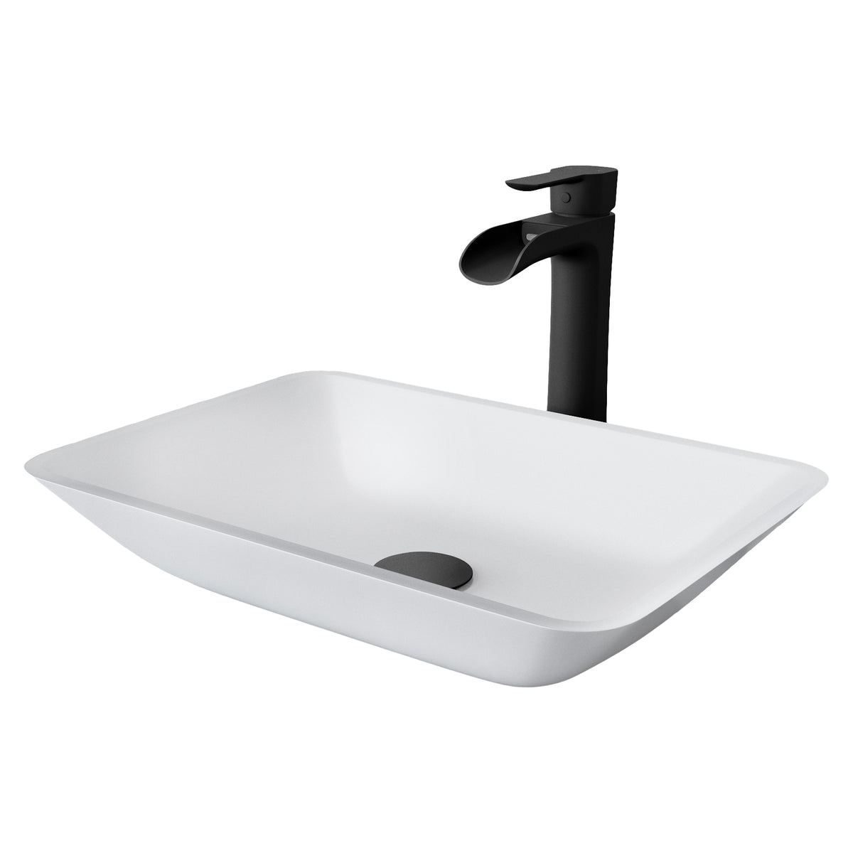 Matte Shell Sottlie Glass Rectangular Vessel Bathroom Sink in White with Niko Faucet and Pop-up Drain in Matte Black