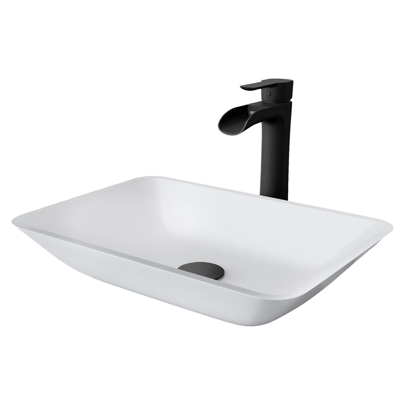 Matte Shell Sottlie Glass Rectangular Vessel Bathroom Sink in White with Niko Faucet and Pop-up Drain in Matte Black