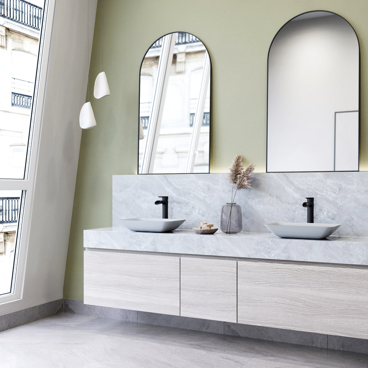 Matte Shell Sottlie Glass Rectangular Vessel Bathroom Sink in White with Niko Faucet and Pop-up Drain in Matte Black