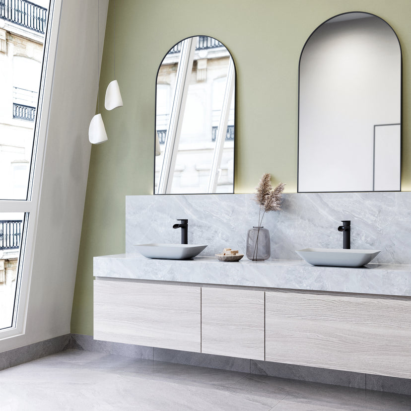 Matte Shell Sottlie Glass Rectangular Vessel Bathroom Sink in White with Niko Faucet and Pop-up Drain in Matte Black