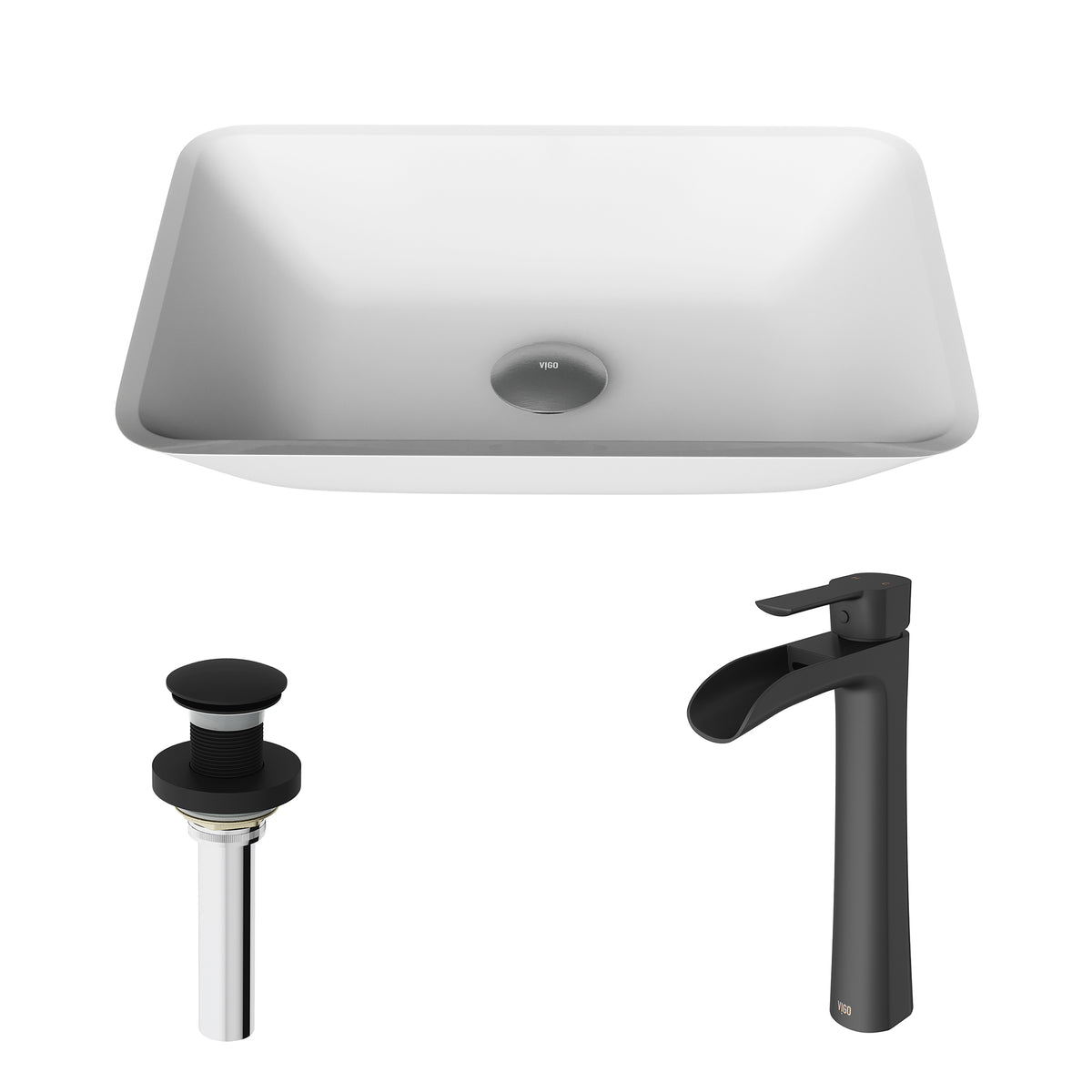 Matte Shell Sottlie Glass Rectangular Vessel Bathroom Sink in White with Niko Faucet and Pop-up Drain in Matte Black