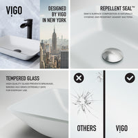 Matte Shell Sottlie Glass Rectangular Vessel Bathroom Sink in White with Niko Faucet and Pop-up Drain in Matte Black