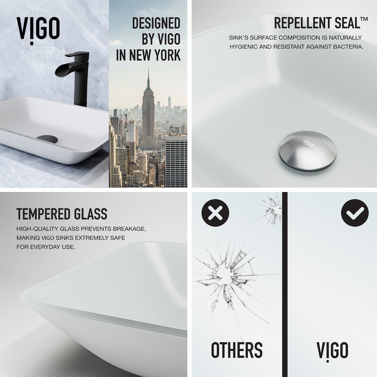 Matte Shell Sottlie Glass Rectangular Vessel Bathroom Sink in White with Niko Faucet and Pop-up Drain in Matte Black