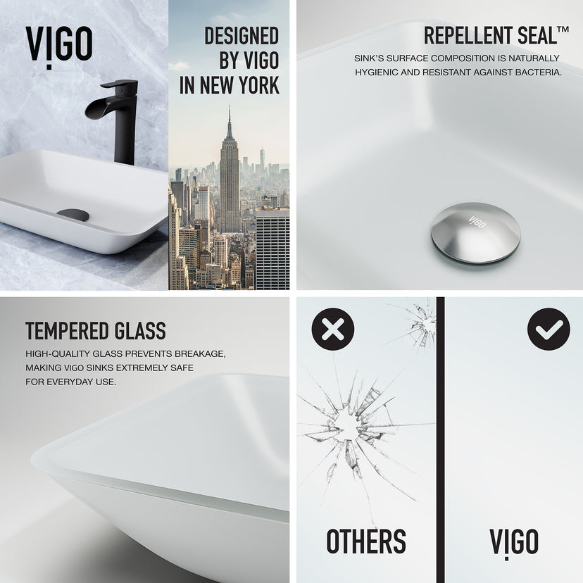 Matte Shell Sottlie Glass Rectangular Vessel Bathroom Sink in White with Niko Faucet and Pop-up Drain in Matte Black