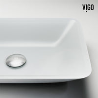 Matte Shell Sottlie Glass Rectangular Vessel Bathroom Sink in White with Niko Faucet and Pop-up Drain in Matte Black