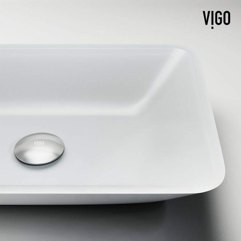 Matte Shell Sottlie Glass Rectangular Vessel Bathroom Sink in White with Niko Faucet and Pop-up Drain in Matte Black