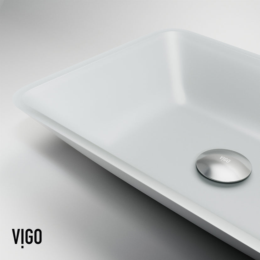 Matte Shell Sottlie Glass Rectangular Vessel Bathroom Sink in White with Niko Faucet and Pop-up Drain in Matte Black