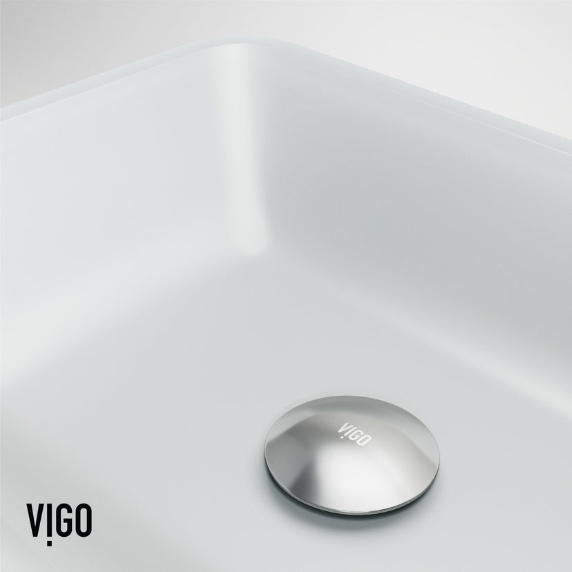 Matte Shell Sottlie Glass Rectangular Vessel Bathroom Sink in White with Niko Faucet and Pop-up Drain in Matte Black