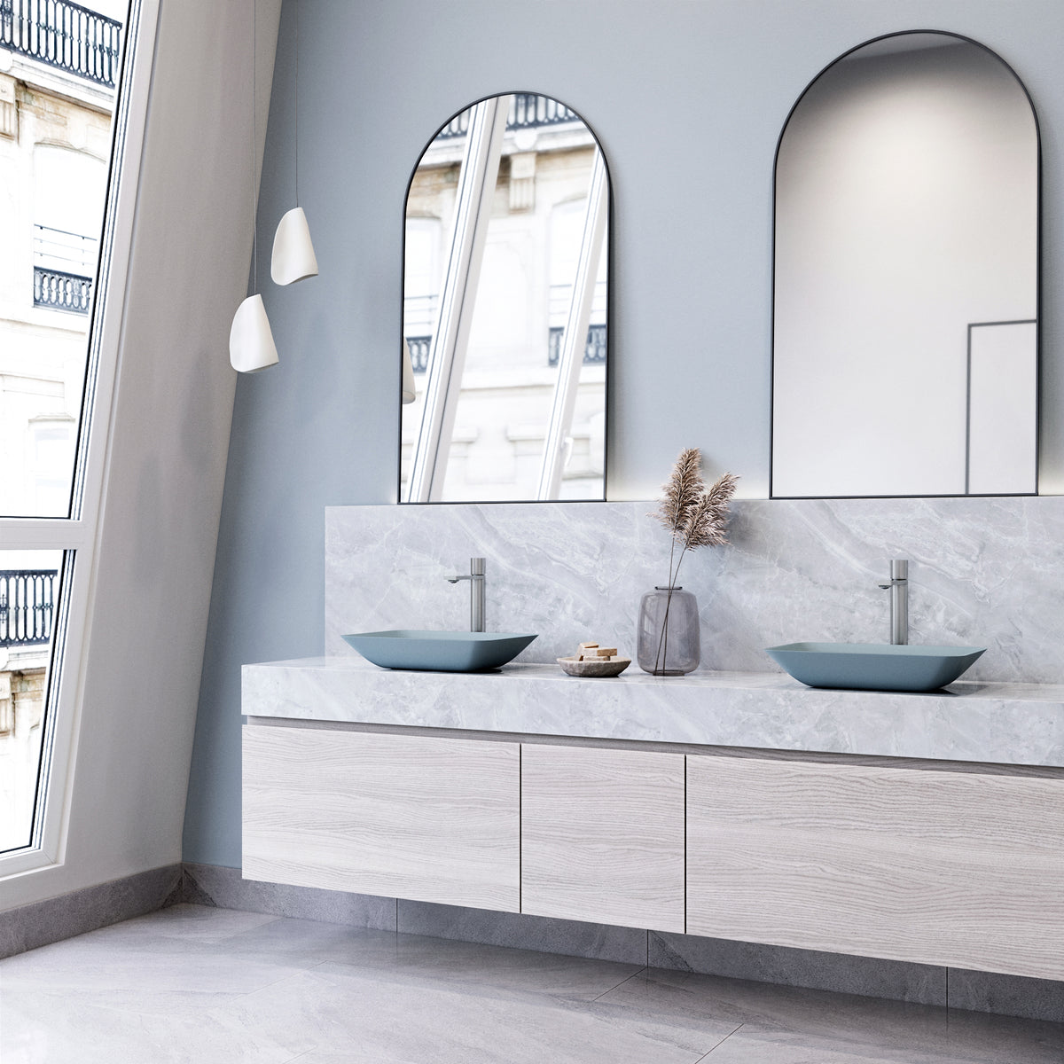 Matte Shell Sottile Glass Rectangular Vessel Bathroom Sink in Blue with Gotham Faucet and Pop-up Drain in Brushed Nickel